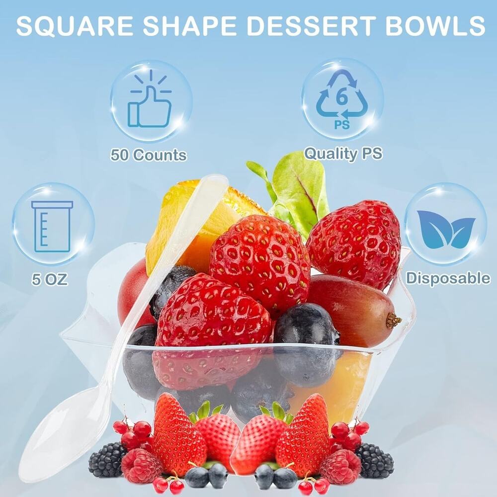 50ct 5 oz Clear Plastic Dessert Cups with Spoons Mini Appetizer Catering Bowls - Picture 6 of 8